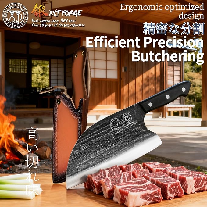 Full Tang, Serbian Chefs knife,Chef Meat Cleaver,Kitchen Knives,Set with Leather Sheath,Take Carrying,Butcher (8 Inch)