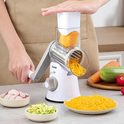 Geedel Rotary Cheese Grater, Kitchen Mandoline Vegetable Slicer with 3 Interchangeable Blades, Easy to Clean Rotary Grater Slicer for Cheese, Vegetables, Nuts