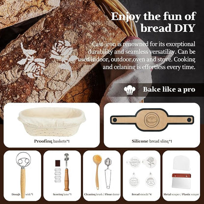 Cast Iron Sourdough Loaf Pan with Lid, Oval Dutch Oven for Bread Baking, Pre-Seasoned Sourdough Baking Supplies Kit, Cast Iron Dutch Oven for Homemade Bread, Sourdough Bread Pan