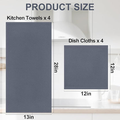 Homaxy 100% Cotton Kitchen Towels and Dishcloths Set, 12 x 12 Inches and 13 x 28 Inches, Set of 8 Bulk Kitchen Towels Set, Ultra Soft Absorbent Dish Cloths for Washing Dishes, Grey/Beige/Blue/Black