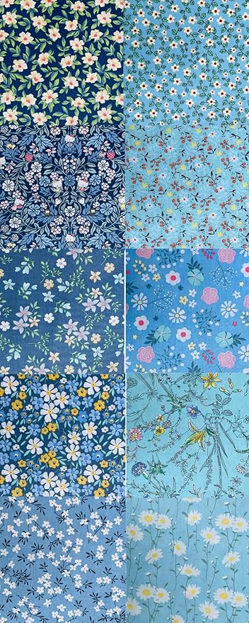 HANPATQUI 50PCS 5 x 5 inch Blue Printed 100% Cotton Fat Quarters Fabric for Sewing and Quilting Bundles Precut Fabric Square for DIY Craft Patchwork