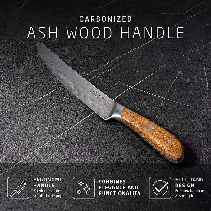Swiss Diamond Carving Knife, German Steel with Carbonized Ash Wood, Full Tang Handle, Damascus Blade Chef Knives Professional Grade, 55+2 Rockwell Hardness, 8 Inch