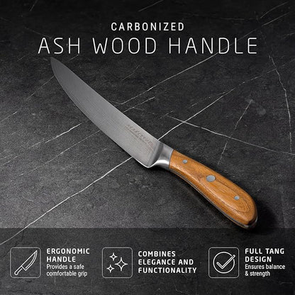 Swiss Diamond Carving Knife, German Steel with Carbonized Ash Wood, Full Tang Handle, Damascus Blade Chef Knives Professional Grade, 55+2 Rockwell Hardness, 8 Inch