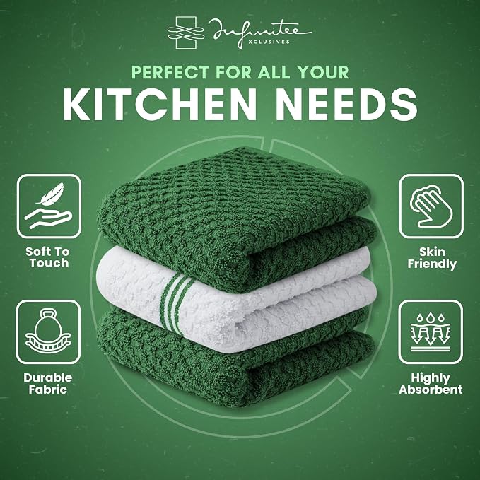 Infinitee Xclusives Premium Kitchen Towels – Pack of 3, 100% Cotton 15 x 25 Inches Absorbent Dish Towels - Terry Kitchen Dishcloth Towels - Green Dish Cloth for Household Cleaning
