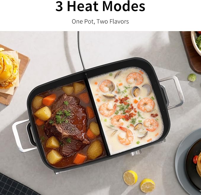 Slow Cooker 10 Quarts (2 x 5 Quarts) PFOA-Free Ceramic Coating | Adjustable Temp Oven Safe to 450°F | Keep Warm Function for Large Family Gatherings (Includes Silicone Spoon)