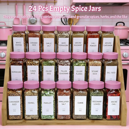Pink Spice Jars with Labels - 24 Glass Spice with Shaker Lids & Airtight Plastic Caps - 4oz Complete Seasoning Containers Organizer Set for Cabinet, Drawer & Rack (Deeppink)