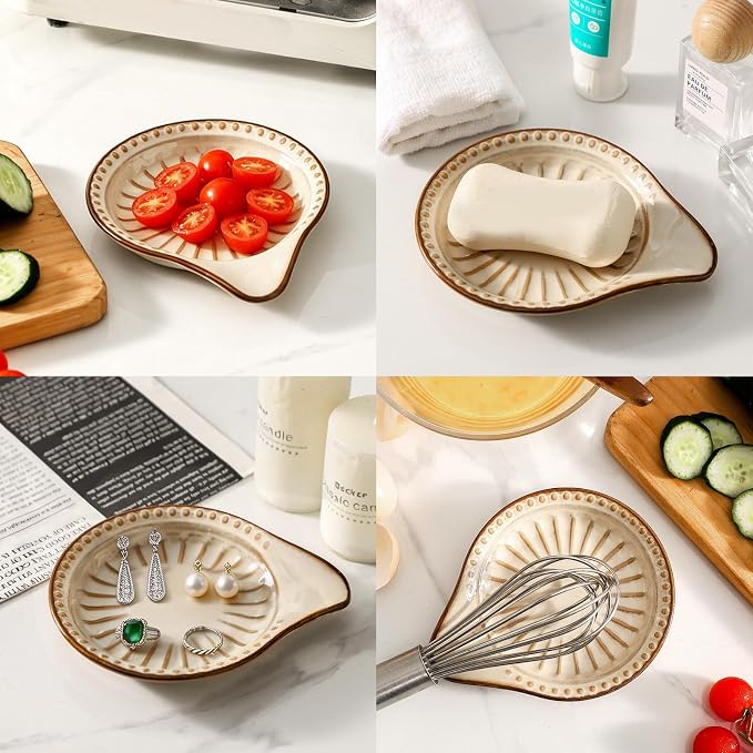 Spoon Rest for Stove Top, Ceramic Spoon Holder for Kitchen Counter, 5.1 Inch Heat-Resistant Cooking Utensil Rest for Coffee Spoon Dish & Spatula Tray, Dishwasher Safe, Beige