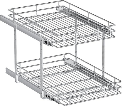 2-Tier Pull Out Cabinet Organizer, 15.5" W x 21.5" D, Heavy Duty Dual Slide Out Shelves for Base Cabinets, Chrome Wire Basket Drawer for Pantry, Kitchen & Bathroom Storage
