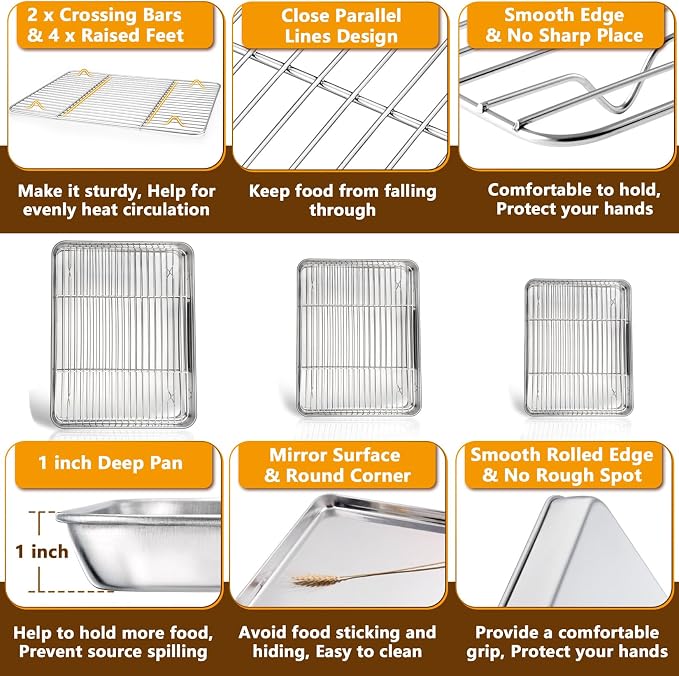 P&P CHEF 16+12.5+9 Inch Baking Sheets with Racks Set, Stainless Steel Baking Cookie Sheet Oven Pan and Cooling Rack, Healthy & Easy Clean, Oven & Dishwasher Safe, 3 Sizes & 6Pcs