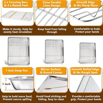 P&P CHEF 16+12.5+9 Inch Baking Sheets with Racks Set, Stainless Steel Baking Cookie Sheet Oven Pan and Cooling Rack, Healthy & Easy Clean, Oven & Dishwasher Safe, 3 Sizes & 6Pcs