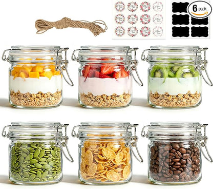 17oz Overnight Oats Containers, Glass Jars with Airtight Lids（Set of 6）,3.3in Wide Mouth Straight-Sided Canisters with Gift Labels & Hemp Rope for Meal Prep, Dry Food Storage & On-the-Go