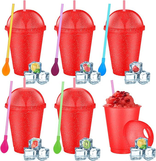 6 Set Slushie Cups with Dome Lids and Straws Detachable Spoon Straws Reusable Plastic Iced Coffee Cups Smoothie Tumbler for Birthdays Summer Party Supplies(Red,16 oz)