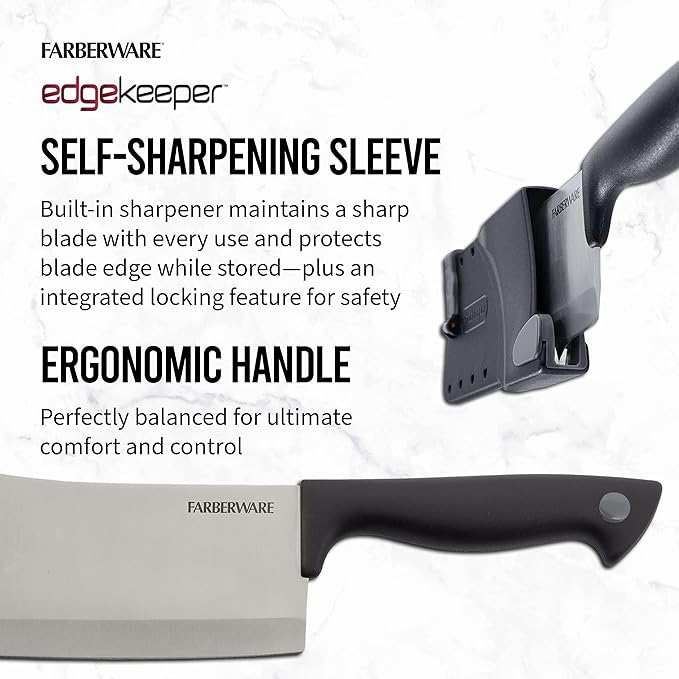 Farberware Edgekeeper 6-Inch Cleaver Knife with Self-Sharpening Blade Cover, High Carbon-Stainless Steel Kitchen Knife with Ergonomic Handle, Razor-Sharp Knife, Black