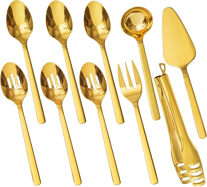 KINGSTONE 10 Piece Large Hostess Gold Serving Utensils Set, Heavy Duty 18/10 Stainless Steel - 10 inch Serving Spoons, Slotted Spoons, Forks, Tongs, Cake Pie Server for Buffet, Wedding, Party