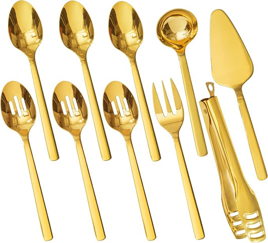 KINGSTONE 10 Piece Large Hostess Gold Serving Utensils Set, Heavy Duty 18/10 Stainless Steel - 10 inch Serving Spoons, Slotted Spoons, Forks, Tongs, Cake Pie Server for Buffet, Wedding, Party