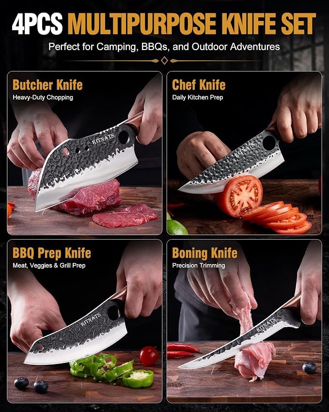 KITNATS Butcher Knife Set, 4PCS Hand Forged Kitchen Knives, Heavy Duty Meat Cleaver, Serbian Chef, Boning & BBQ Knife with Ergonomic Handle for Meat Cutting, Gift for Men Women