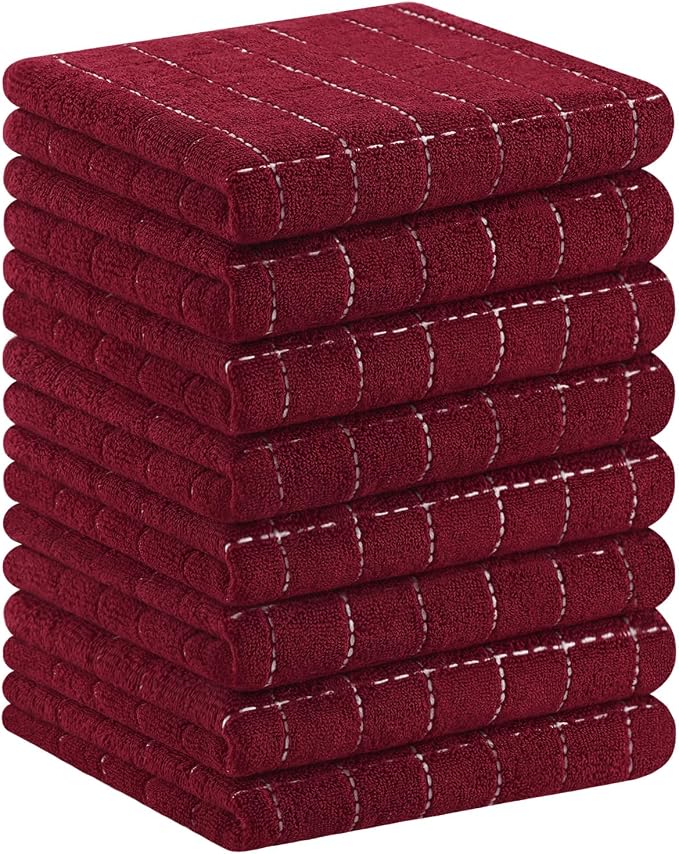 Homaxy 100% Cotton Terry Kitchen Towels(Burgundy Red, 13 x 28 inches), Checkered Designed, Soft and Super Absorbent Dish Towels, 8 Pack