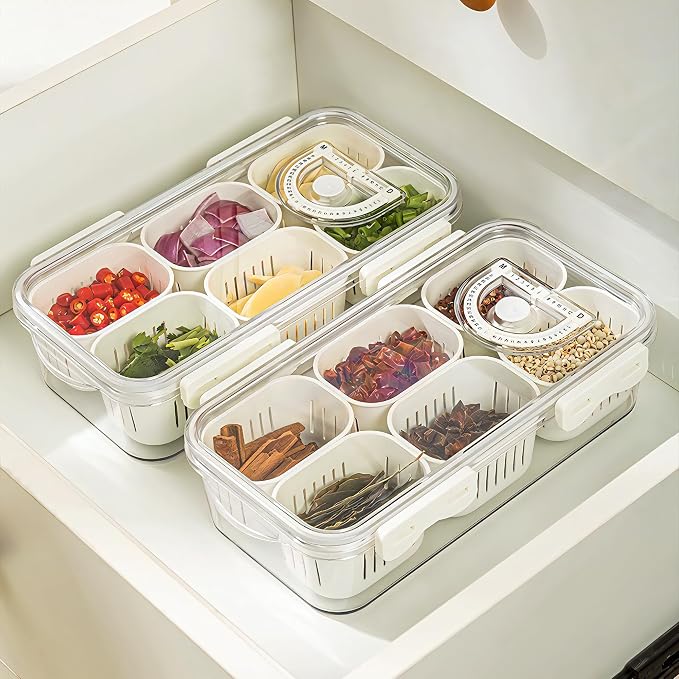 Divided Food Serving Tray with Lids Stackable Snackle Box for Candy Nuts Spice Fruit&Veggie Container with 6 Small Dividers Plastic Storage Bins for Fridge Pantry Freezer