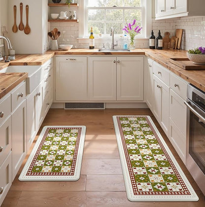 GENIMO Anti Fatigue Kitchen Mats for Floor, Cushioned Non Slip Kitchen Rug, Waterproof Kitchen Floor Mat Runner, Kitchen Mat for Laundry, Sink, Office, Entryway, 17.3"x59"+17.3"x30", Green