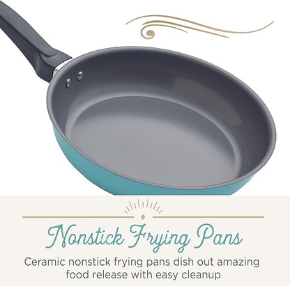 Farberware 120 Limited Edition Stainless Steel Cookware Pots and Pans Set with Prestige Kitchen Tools, 10 Piece, Aqua Blue