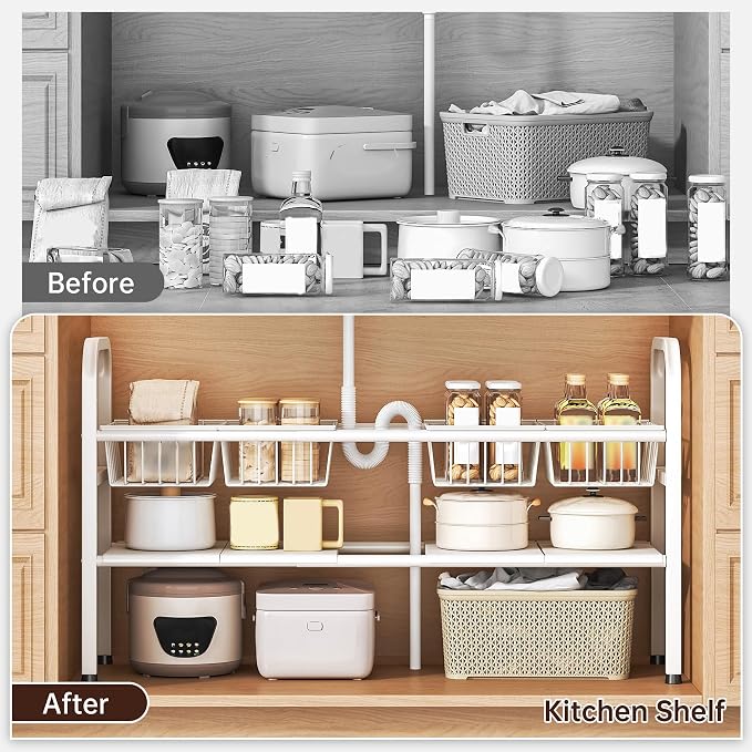 Under Sink Organizers and Storage, 2 Tier Expandable Length Adjustable Height Under Sink Organizer, Easy Assembly Heavy Duty Carbon Steel Space Saving Under Cabinet Shelf Storage Rack