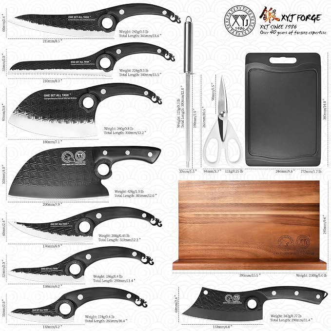 XYJ Kitchen Knives Set with Magnetic Knife Block, Cutting Board, Sharpener Rod, Scissors, Gloves, High Carbon Steel Blades, Bread Slicing Cleaver Vegetable Butcher Cooking Chef Knives