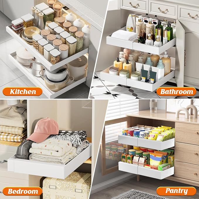 Ancaixin Pull Out Cabinet Organizer, 2PC 21" Deep Expandable (12"-21") Pull Out Drawers for Cabinets with Adhesive, Slide Out Drawers Roll Out Shelf for Kitchen, Bathroom, Under Sink Storage(White)