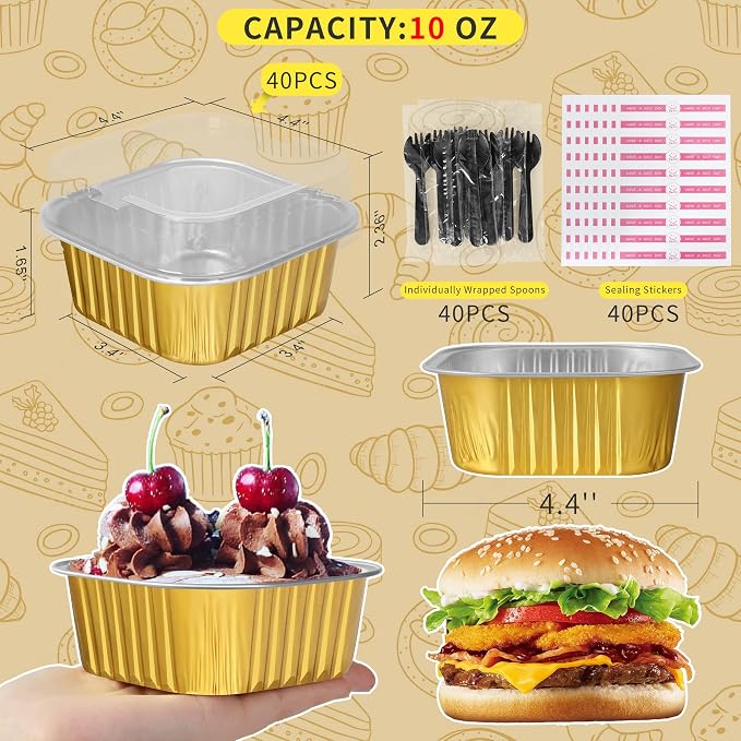 10oz Mini Cake Pans with Lids, 40 Pack Aluminum Foil Brownie Pans,Disposable Ramekins Muffin Tins,Square Baking Pans Cupcake Cups,Individual Dessert Containers Flans for Brownie - Gold