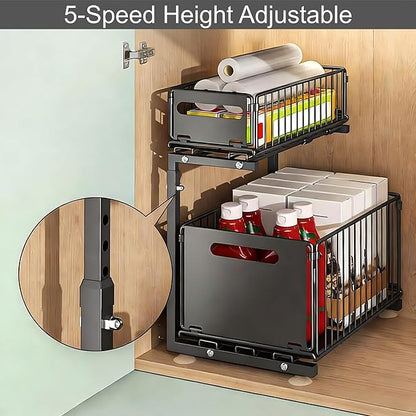 Under Sink Organizer, 2-Tier Multi-Use Kitchen and Bathroom Organizers and Storage, Slide Out Thickened Metal Under The Sink Organizer for Kitchen Bathroom Pantry (Style B Black, 2 Pack)