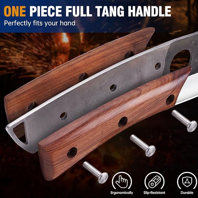 KITNATS 9PCS Butcher Knife Set with Roll Bag, Hand Forged Kitchen Knife Set with Meat Cleaver, Boning Knife & Chef Knife for BBQ, Meat Processing, Camping, Outdoor Cooking, Gift for Men