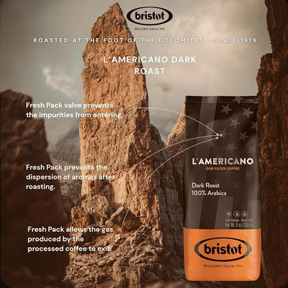 Bristot L'americano Dark Roast Ground Filter Coffee | 100% Arabica | For Pour-over/French Press/Drip | 8oz/226.8g