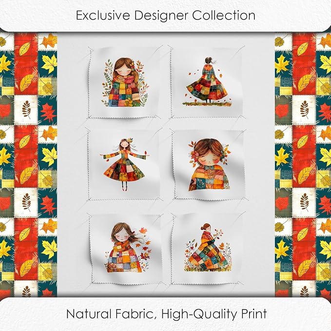 Autumn Girls Patchwork Cotton Fabric Panel – 6 Designs (10×10 inch Each) + Bonus Patchwork Sheet 29.5×19.6 inch, 100% Cotton 140 GSM