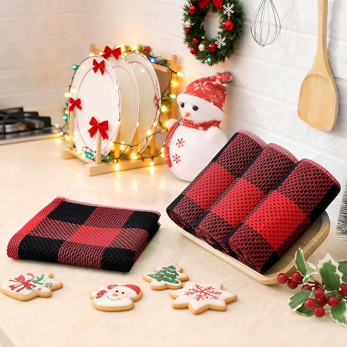 Homaxy 100% Cotton Waffle Weave Check Plaid Kitchen Towels, 13 x 28 Inches, Super Soft and Absorbent Dish Towels for Drying Dishes, 4-Pack, Black & Red