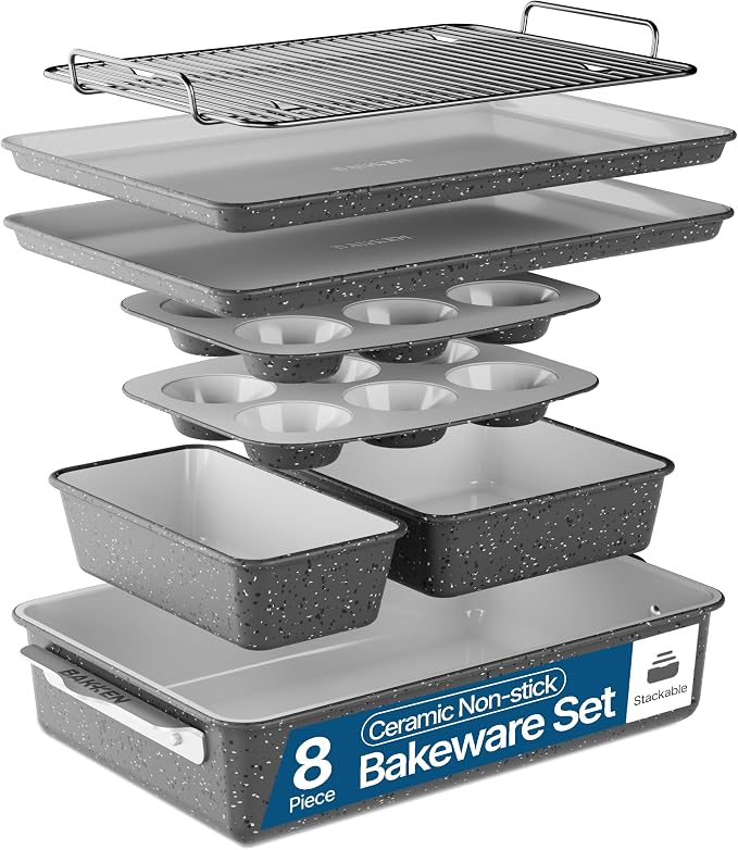 Bakken 8-Piece Stackable Bakeware Set – Ceramic Non-Stick, Oven-Safe Baking Sheets & Pans, PTFE/PFOA/PFOS-Free, Ergonomic Handles, Includes Cooling Rack – Healthy, Non-Toxic Baking Essentials