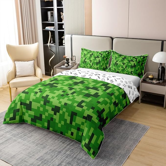Castle Fairy 100% Cotton Green Pixelated Theme Gamer Bedding Set King Video Games Duvet Cover for Bedroom Decor Cartoon Gamepad Comforter Cover (Not Comforter),3 Pcs