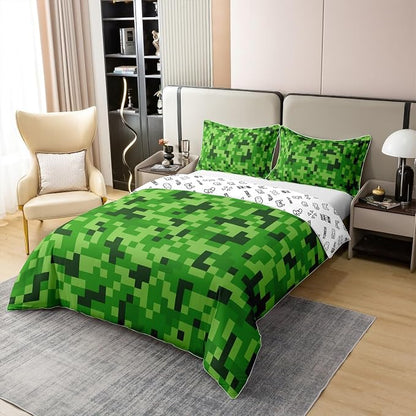 Castle Fairy Green Pixelated Theme Gamer 100% Natural Cotton Duvet Cover Queen Video Games Comforter Cover Cartoon Gamepad Bedding Set 3 Pcs Bed Cover,Comforter Not Included