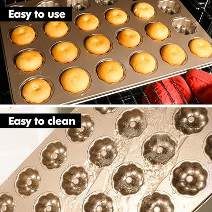 Webake 1.8" Mini Fluted Tube Cake Pan, 24-Cup Non-stick Bite Size Petite Fluted Cake Mold Heavy Gauge Carbon Steel Set of 2