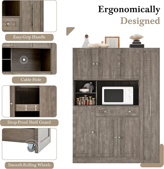 VilroCaz Farmhouse Style Large Kitchen Pantry with Hutch, Freestanding Wood Storage Cabinet Cupboard with Pull-Out Side Cabinet, Door Shelves and Drawer (Brown-6.10)