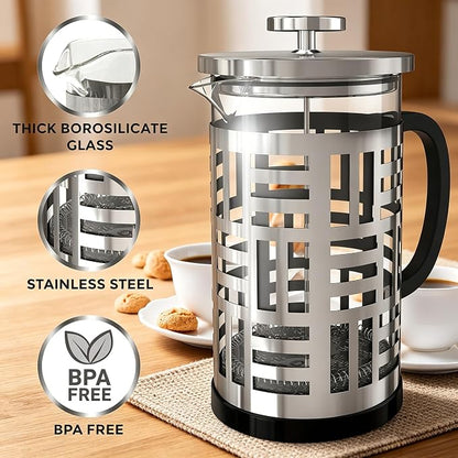 French Press Coffee Maker 34 oz, Glass Coffee Press with 316 Stainless Steel Filter, Plastic-Free Brewer for Coffee, Cold Brew,Tea & Cocoa, With Extra Filter