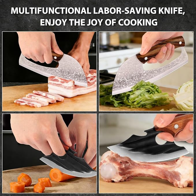 2 Pcs Meat Cleaver Knife Set, Effort Saving Meat Cleaver for Cutting Meat Vegetable, Sharp Carbon Steel Cooking Viking Knife with Leather Sheath for Kitchen, Camping, Outdoor Cooking, BBQ Gift