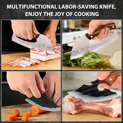 2 Pcs Meat Cleaver Knife Set, Effort Saving Meat Cleaver for Cutting Meat Vegetable, Sharp Carbon Steel Cooking Viking Knife with Leather Sheath for Kitchen, Camping, Outdoor Cooking, BBQ Gift
