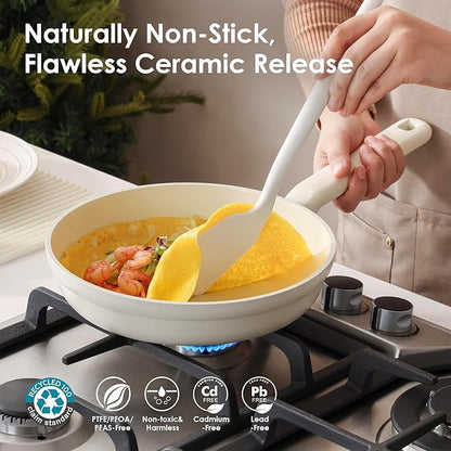 SENSARTE Ceramic Nonstick Pots and Pans Set 17pcs, Healthy Induction Cookware Set, Nontoxic Kitchen Cooking Set with Skillets & Saucepans, Stay-cool Handles, PFAS PTFE PFOA PFOS Free, Cream White