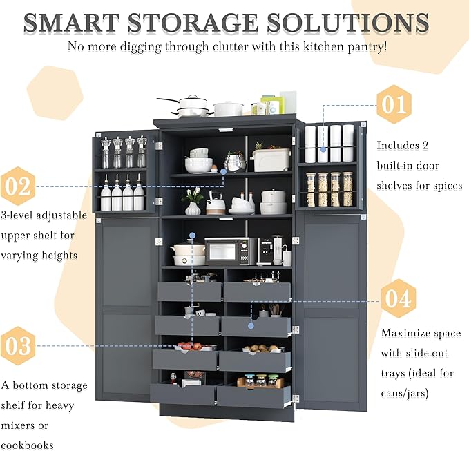VilroCaz Freestanding Kitchen Pantry Tall Storage Cabinet, Wooden Kitchen Organizers with 4 Doors, 2 Door Shelves, 8 Pull-Out Trays and Adjustable Shelf for Dining Room Living Room (Gray-8.5)