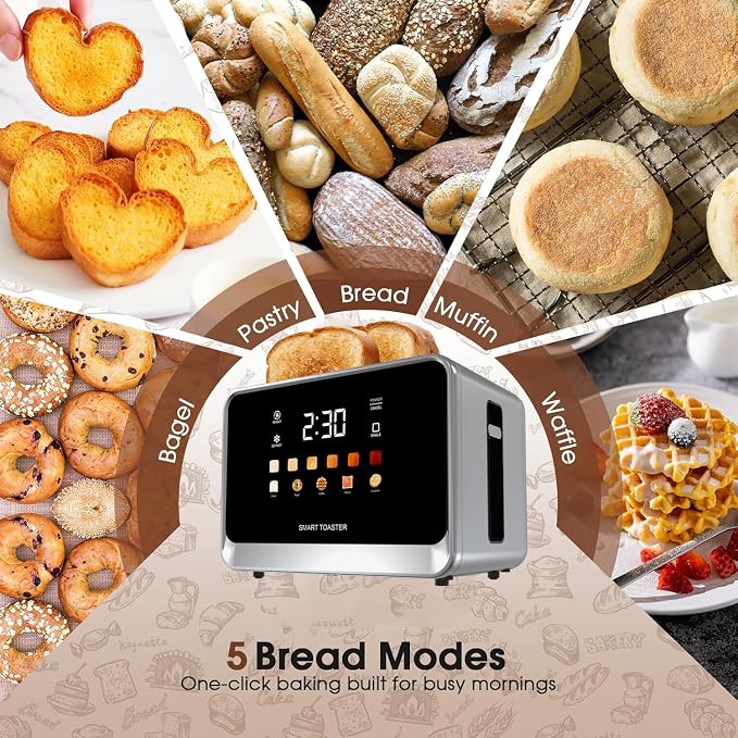 Toaster Touch Screen Toaster 2 Slice with LCD Display Stainless Steel Digital Timer Toasters 6 Bread Types& 6 Shade Settings Smart Extra Wide Slots Tostadora With Bagel Cancel,Defrost Functions