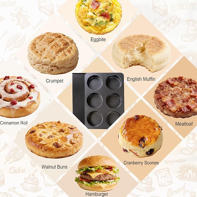 6 Cup Straight Side Jumbo English Muffin Cupcake Pan with Lid, Nonstick Hamburger Burger Bun Mold Muffin Pan for Baking Egg Sandwich Frittata Cinnamon Roll Focaccia Quiche Pancake