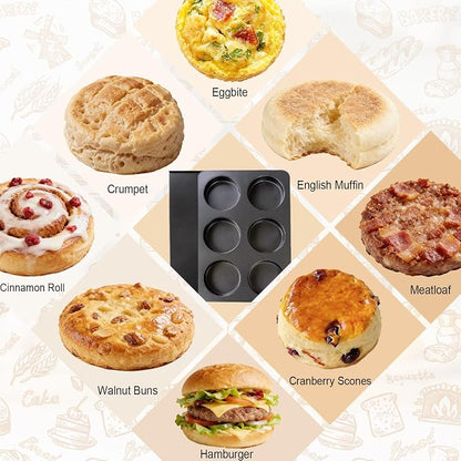 6 Cup Straight Side Jumbo English Muffin Cupcake Pan with Lid, Nonstick Hamburger Burger Bun Mold Muffin Pan for Baking Egg Sandwich Frittata Cinnamon Roll Focaccia Quiche Pancake