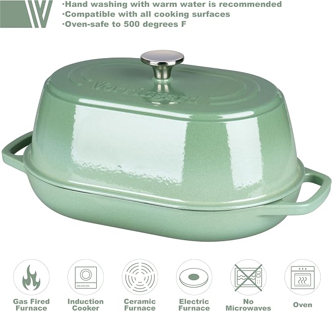 VORRINGARD Enameled Cast Iron Dutch Oven Pot with Dome Lid, Oval Bread Oven for Homemade Sourdough Bread Baking, Oven Safe up to 500°F, 6 Quart, Sage Green