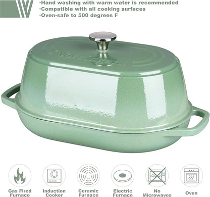 VORRINGARD Enameled Cast Iron Dutch Oven Pot with Dome Lid, Oval Bread Oven for Homemade Sourdough Bread Baking, Oven Safe up to 500°F, 6 Quart, Sage Green