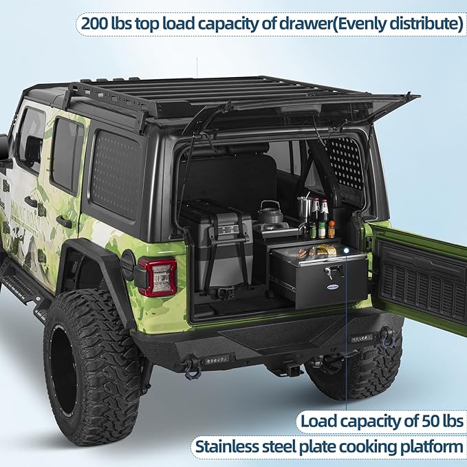 Hooke Road JK JL Bronco Trunk Storage Organizer & Fridge Slide Mount for 2007-2026 Jeep Wrangler JK JL 4-Door & 2021-2026 Ford Bronco 4-Door, Lockable Cargo Drawer Sliding Out Fridge Tray