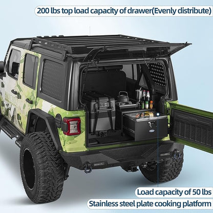 Hooke Road JK JL Bronco Trunk Storage Organizer & Fridge Slide Mount for 2007-2026 Jeep Wrangler JK JL 4-Door & 2021-2026 Ford Bronco 4-Door, Lockable Cargo Drawer Sliding Out Fridge Tray